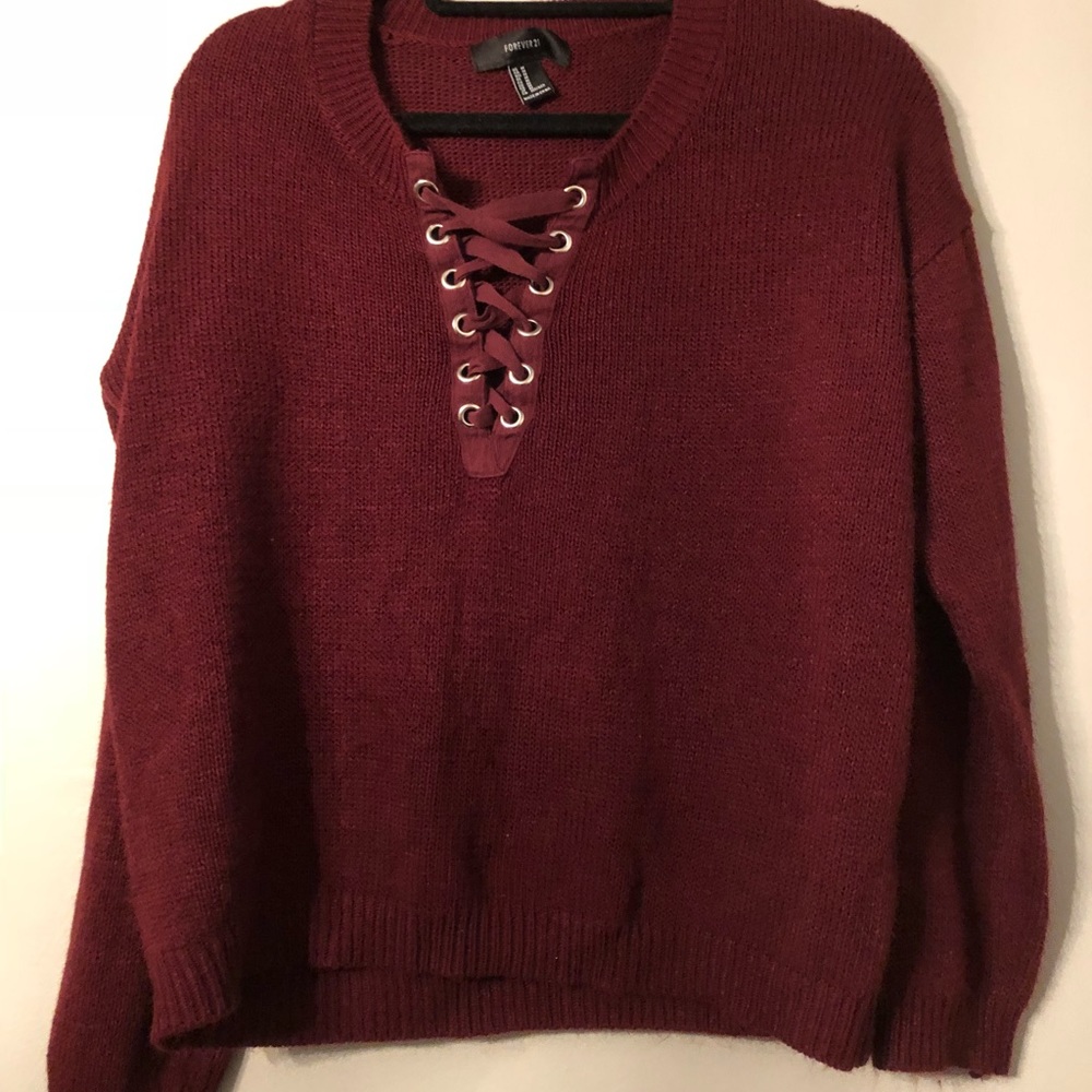 Burgundy Forever 21 Lace-Up Sweater